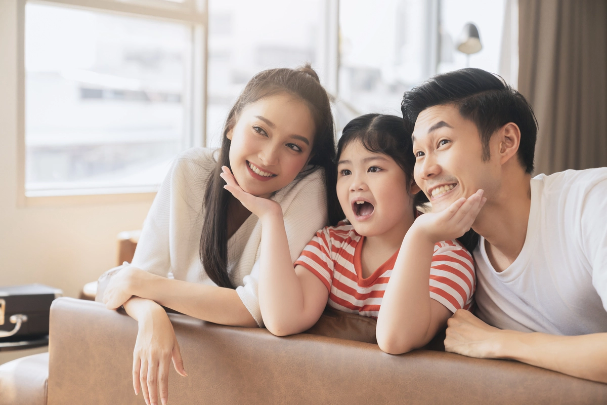 happy attractive young asian family portrait healthy harmony life family day concept asian family man woman little girl having good time together